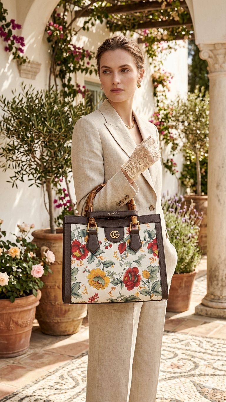 Gucci Diana Large Canvas Floral With Genuine Leather Bag