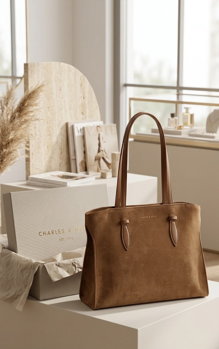 Charles & Keith Allyn Suede Elongated Handle Tote Bag