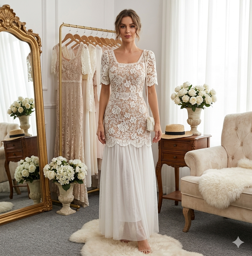 LACE SQUARE NECK DRESS 1404