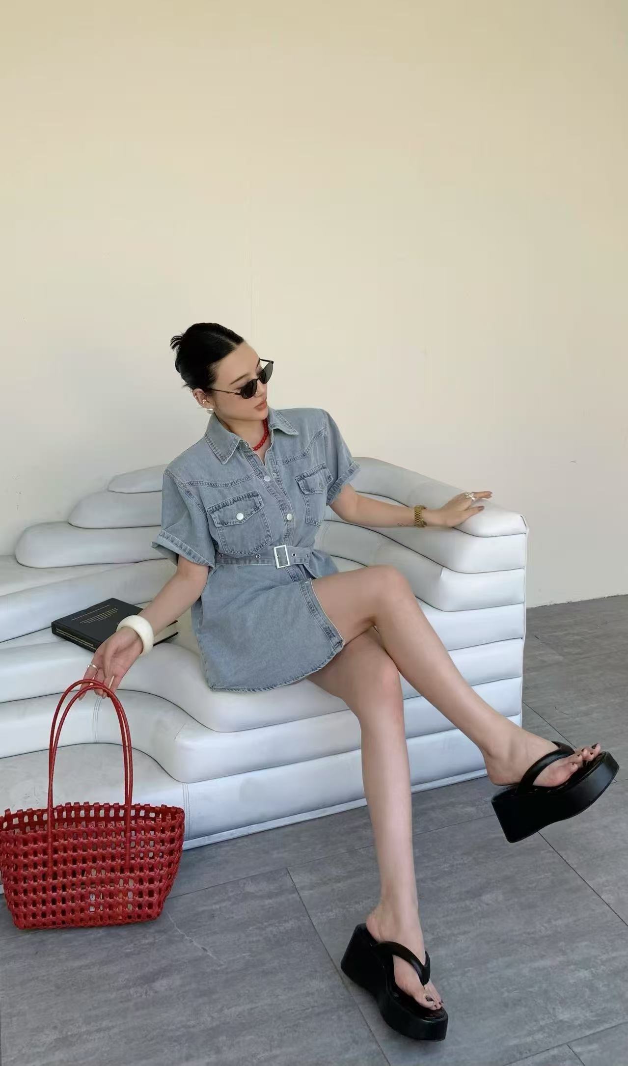 DENIM LUXURY DRESS WITH BELT  0903