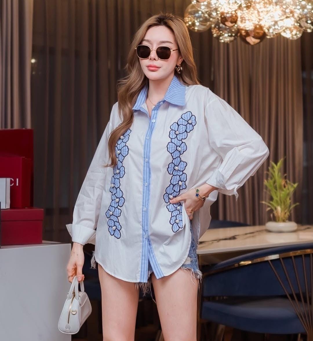 FLOWER PEARL KOREAN SHIRT 0903