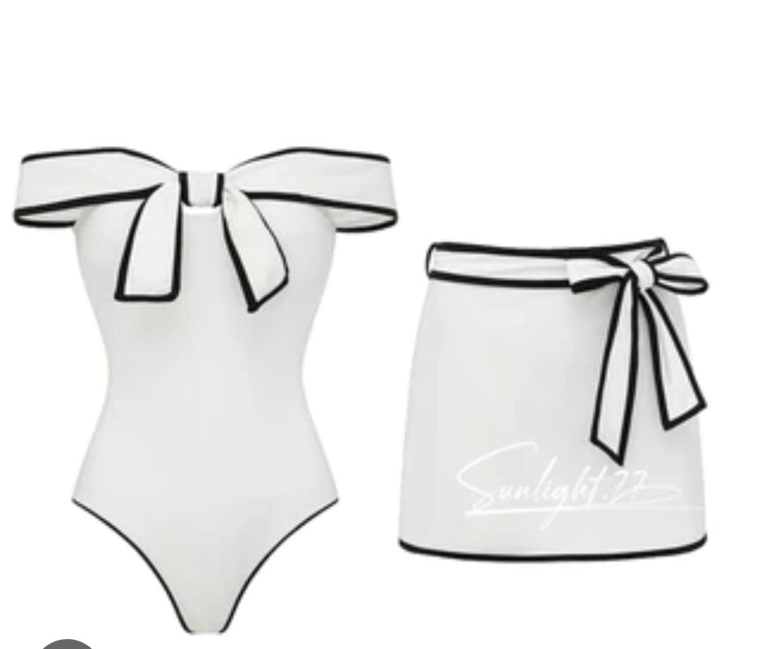 CONTRAST COLOR BOW SWIMSUIT AND SKIRT SET 2503