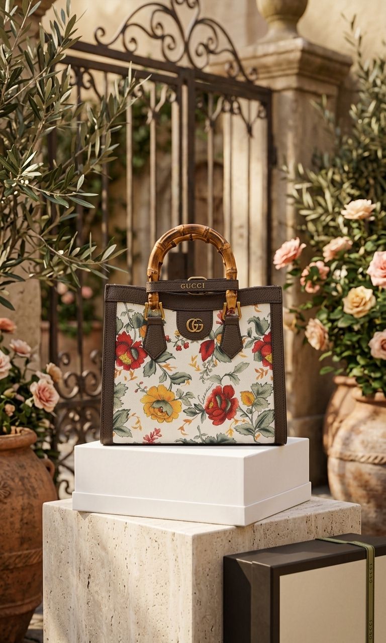 Gucci Diana Large Canvas Floral With Genuine Leather Bag