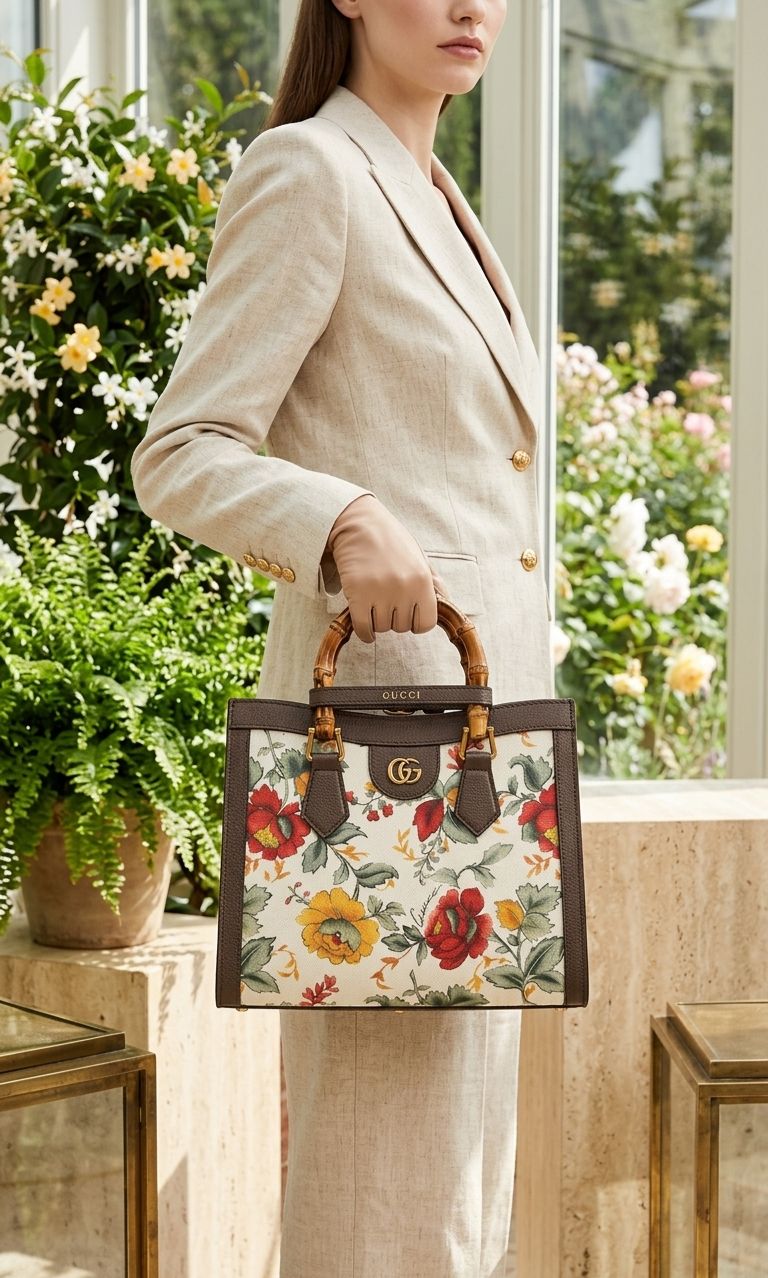 Gucci Diana Large Canvas Floral With Genuine Leather Bag