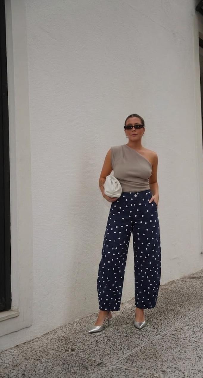 HIGH WAIST BARREL POLKA DOT DENIM PANTS 1106