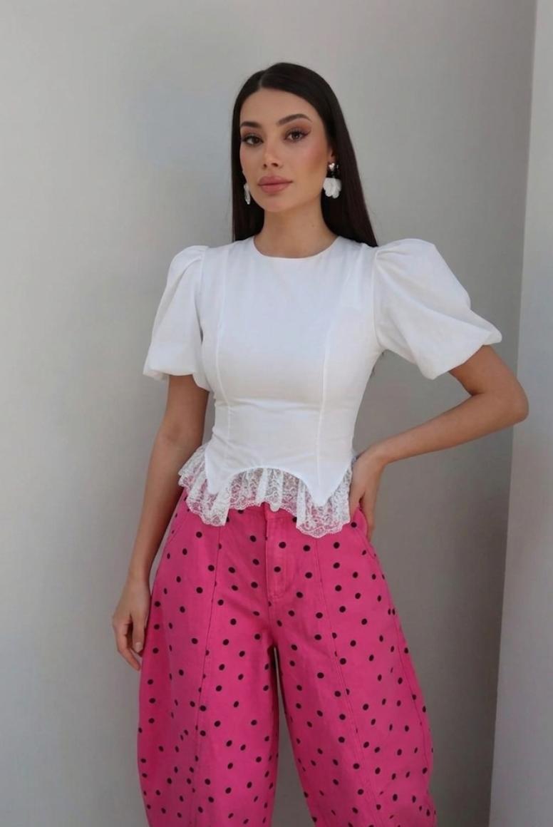 HIGH WAIST BARREL POLKA DOT DENIM PANTS 1106