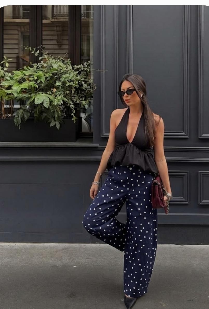 HIGH WAIST BARREL POLKA DOT DENIM PANTS 1106