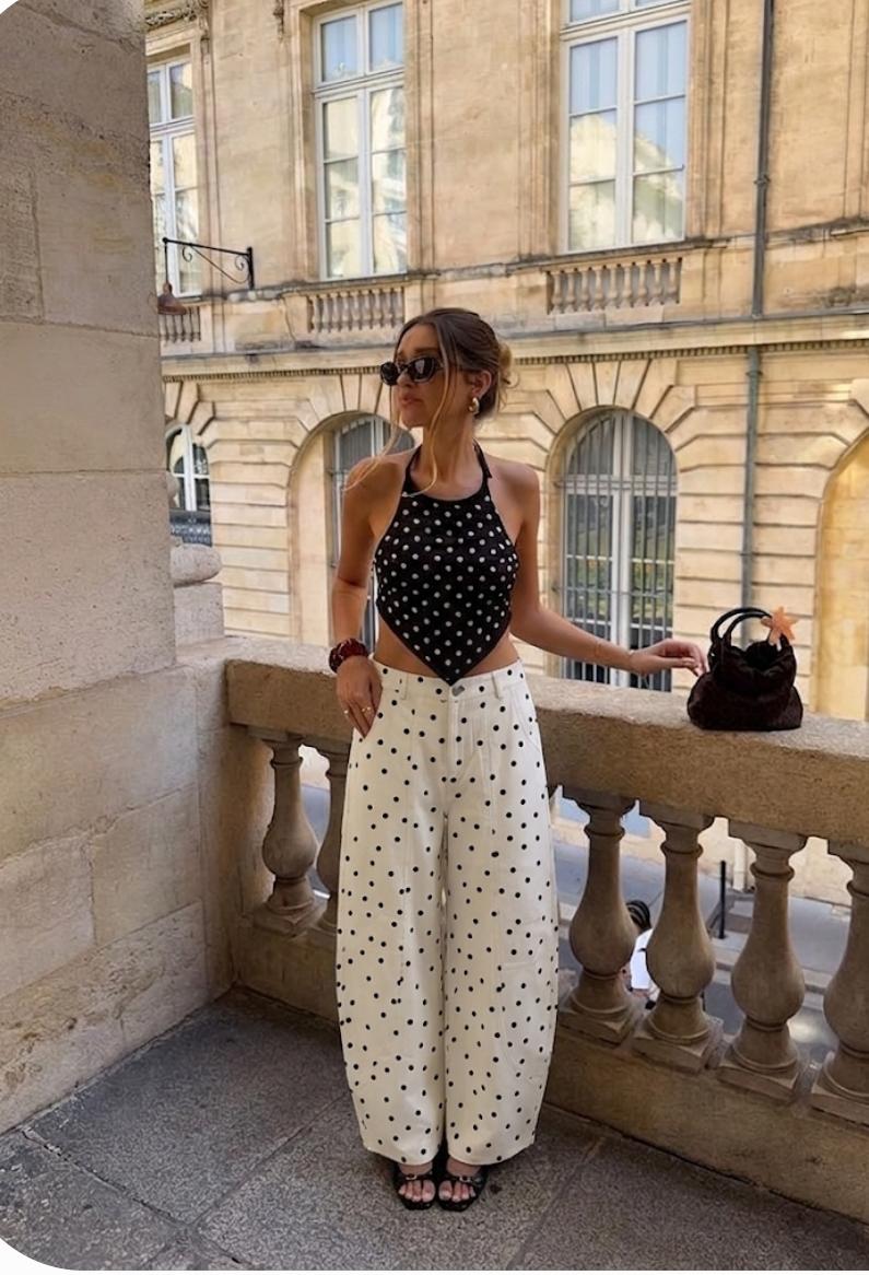 HIGH WAIST BARREL POLKA DOT DENIM PANTS 1106