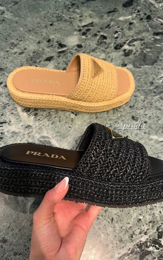 Prada Raffia Slides
