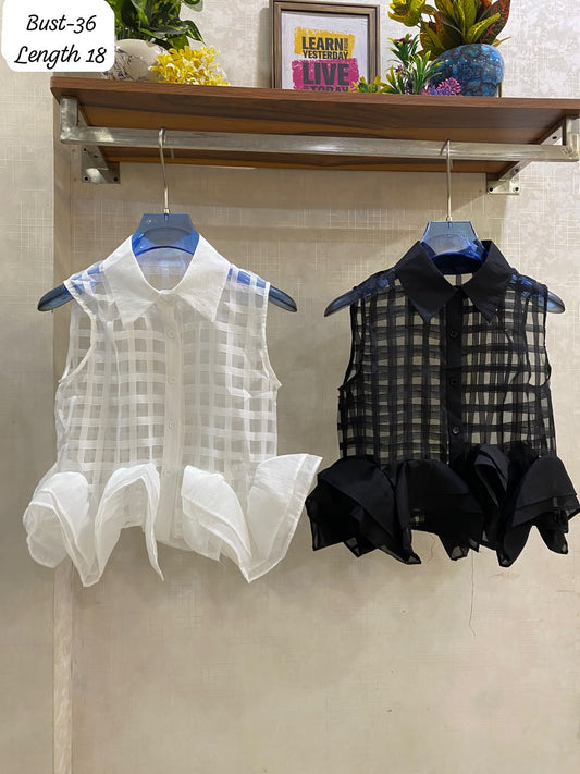 Polka dot and plain pattern Ruffle top