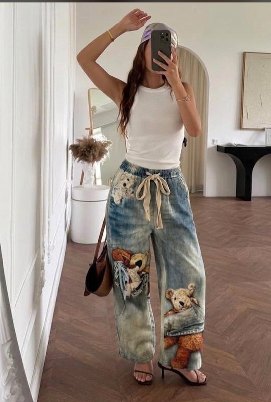 TEDDY BEAR PRINT BAGGY JEANS 2605