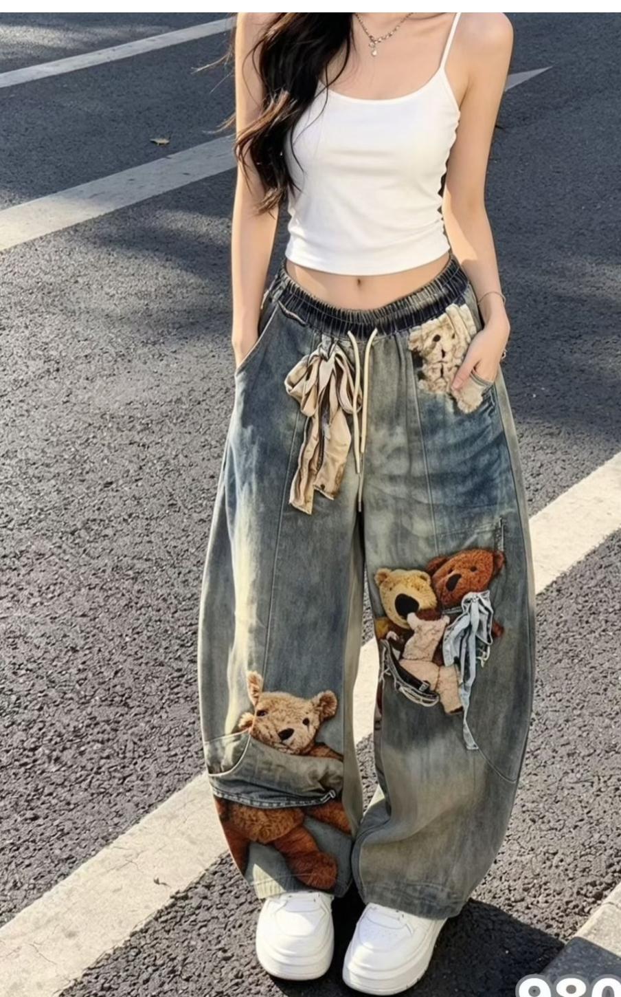 TEDDY BEAR PRINT BAGGY JEANS 2605