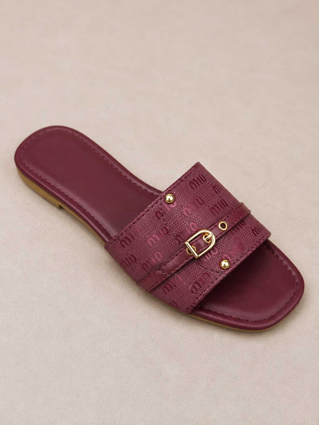 MIUMIU Women's Premium Maroon Buckle Flat Slides