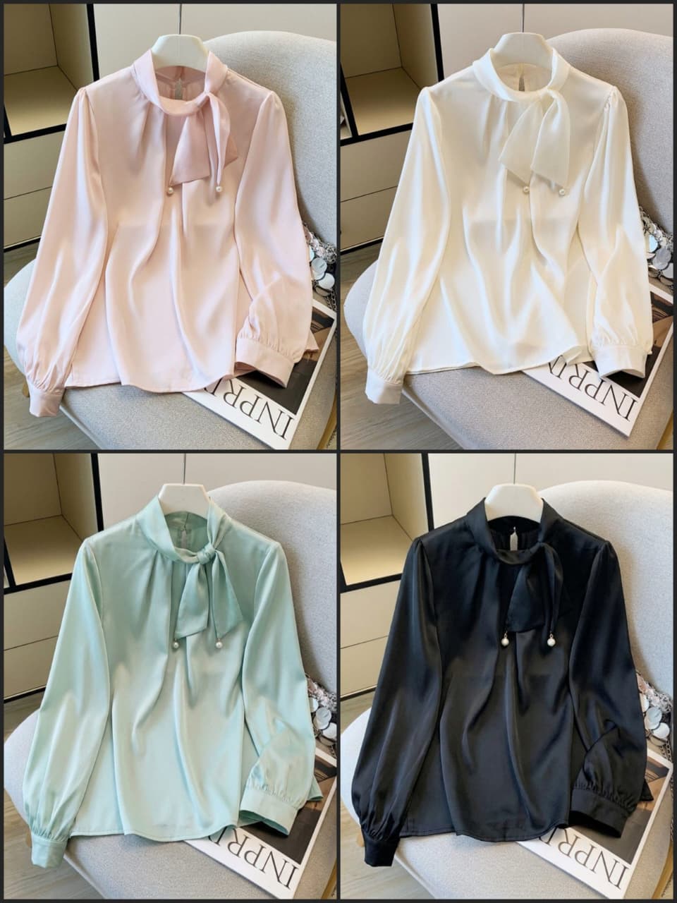 Korean-Style Satin Tie-Neck Blouse with Pearl Detailing.