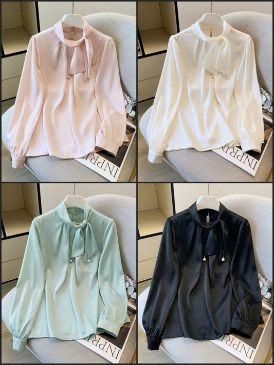 Korean-Style Satin Tie-Neck Blouse with Pearl Detailing.