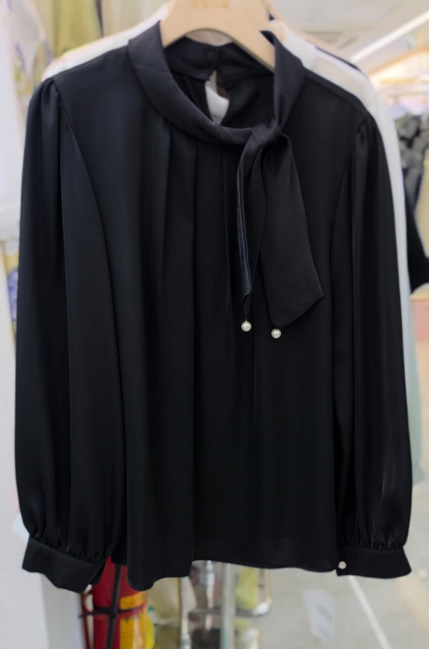 Korean-Style Satin Tie-Neck Blouse with Pearl Detailing.