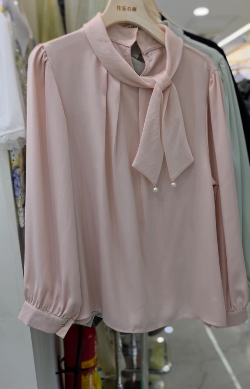 Korean-Style Satin Tie-Neck Blouse with Pearl Detailing.
