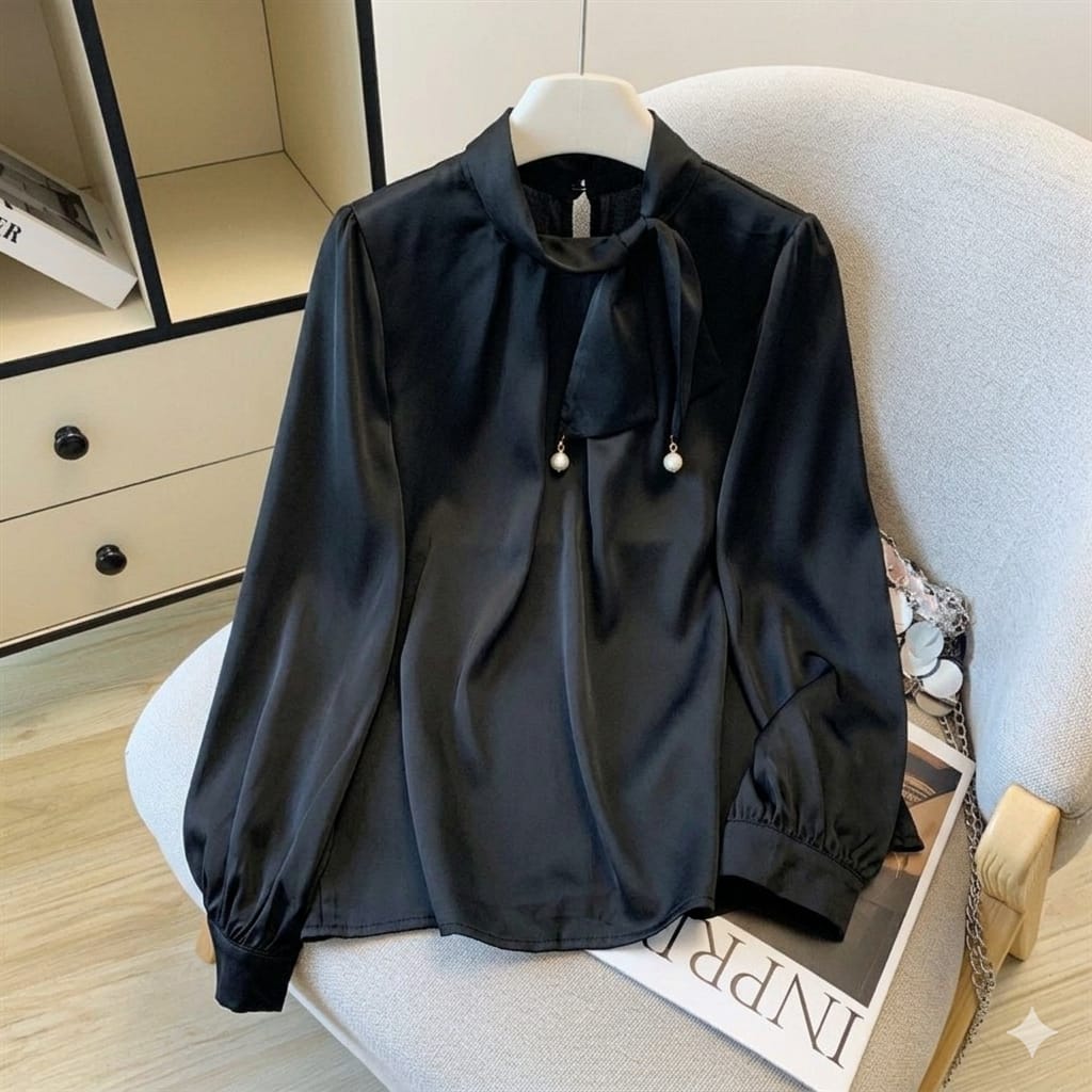 Korean-Style Satin Tie-Neck Blouse with Pearl Detailing.