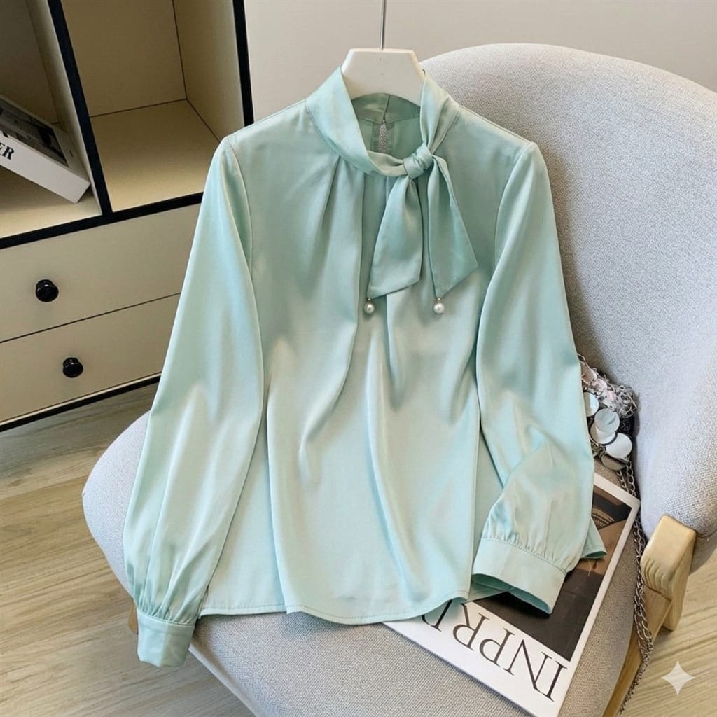 Korean-Style Satin Tie-Neck Blouse with Pearl Detailing.