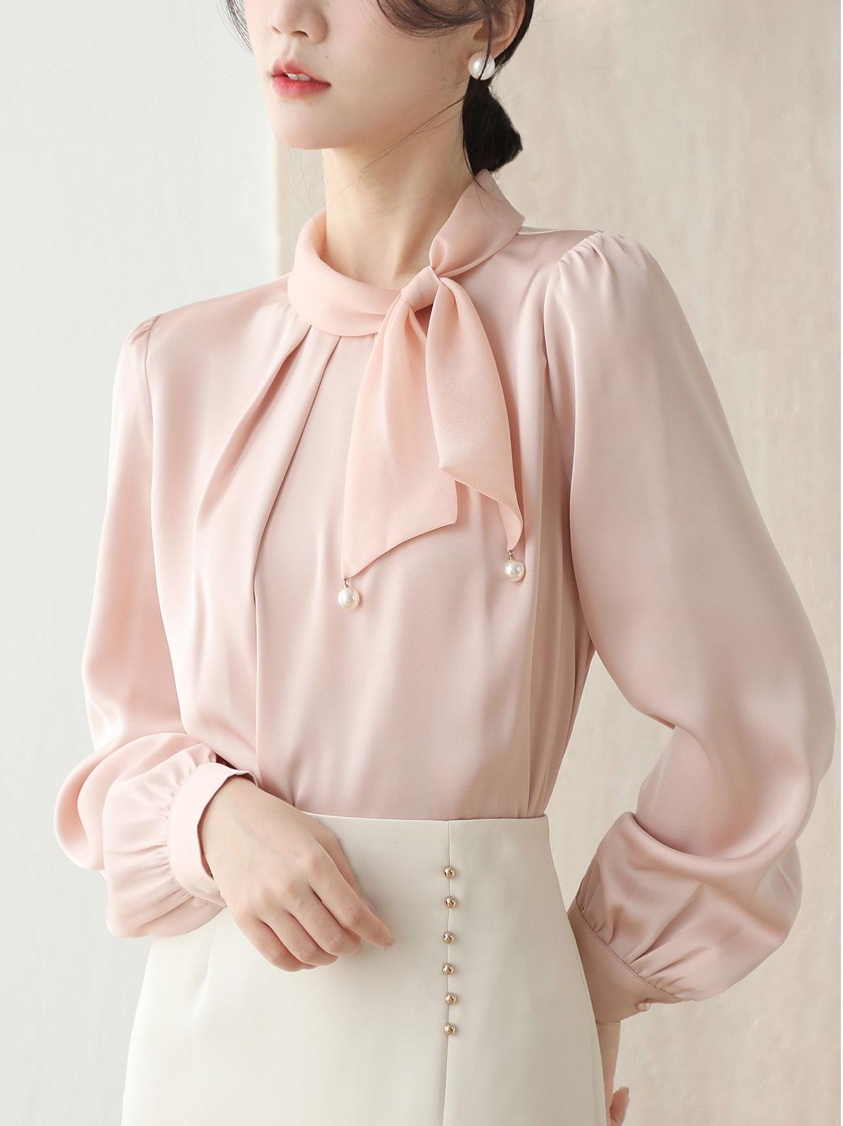 Korean-Style Satin Tie-Neck Blouse with Pearl Detailing.