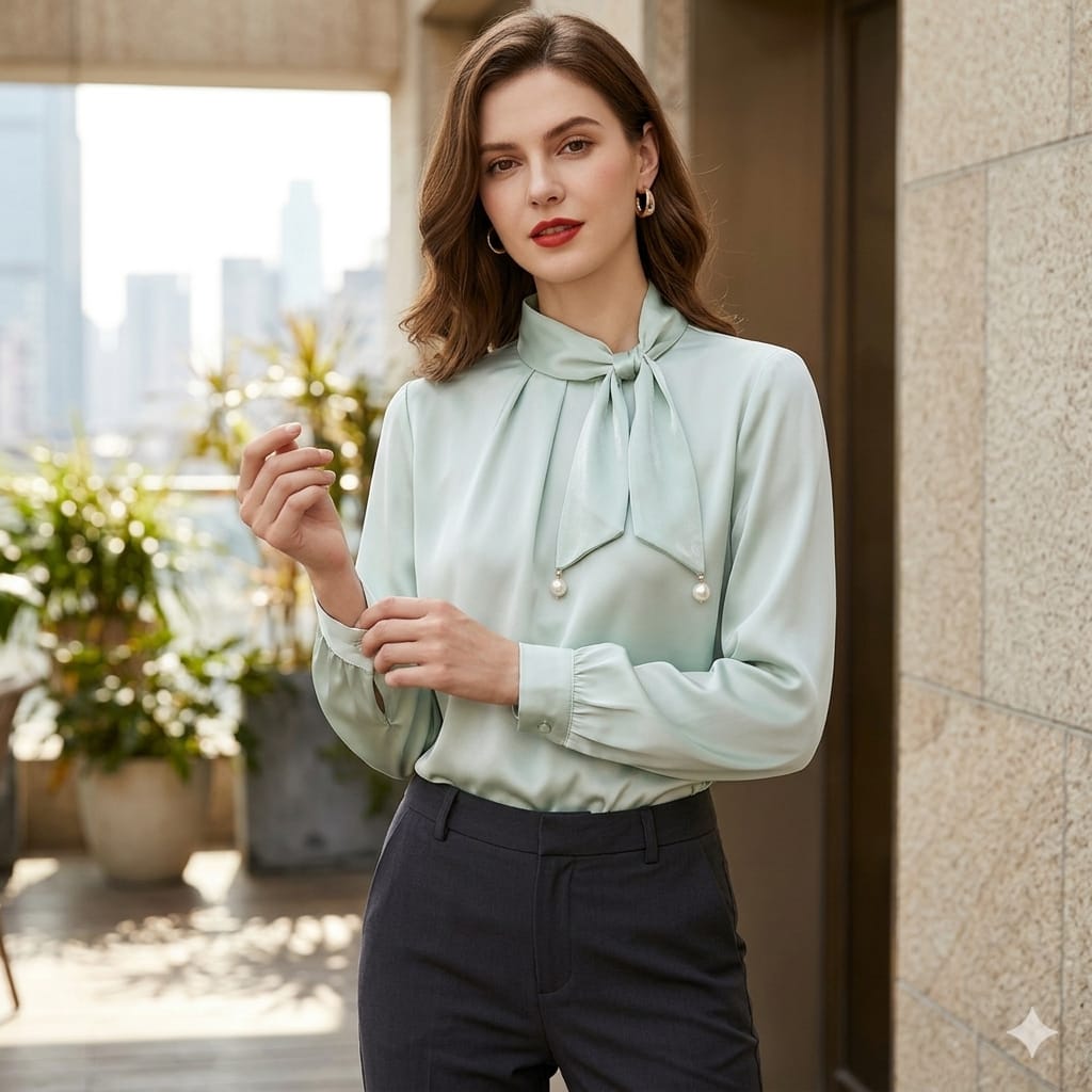 Korean-Style Satin Tie-Neck Blouse with Pearl Detailing.