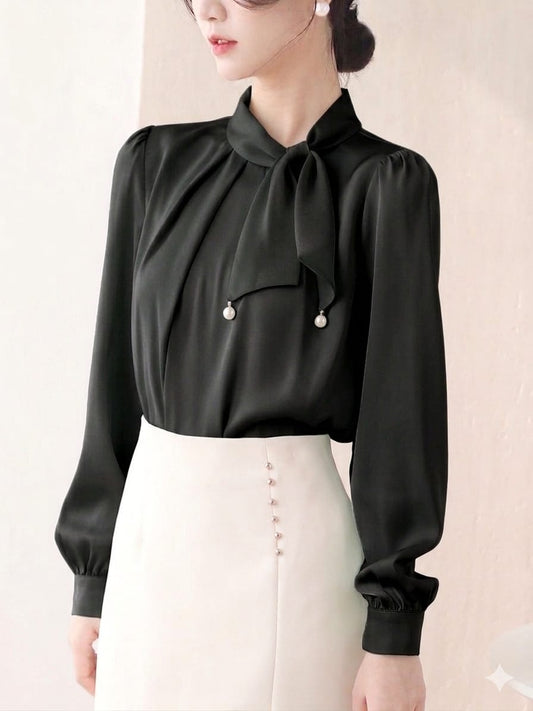 Korean-Style Satin Tie-Neck Blouse with Pearl Detailing.