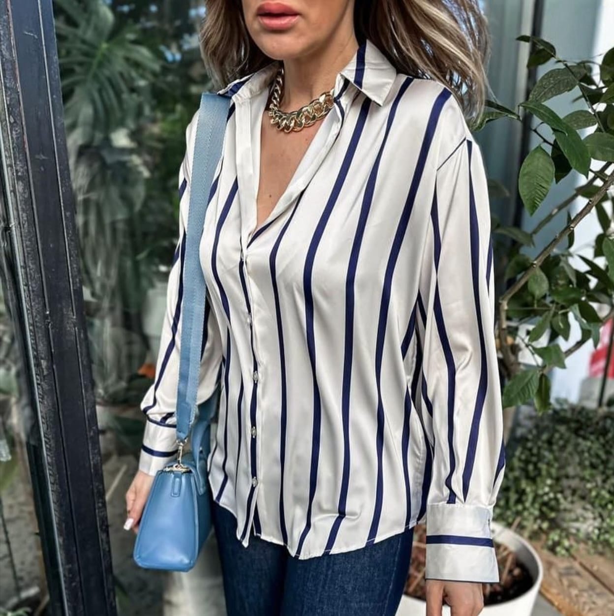 Striped Satin Shirt.