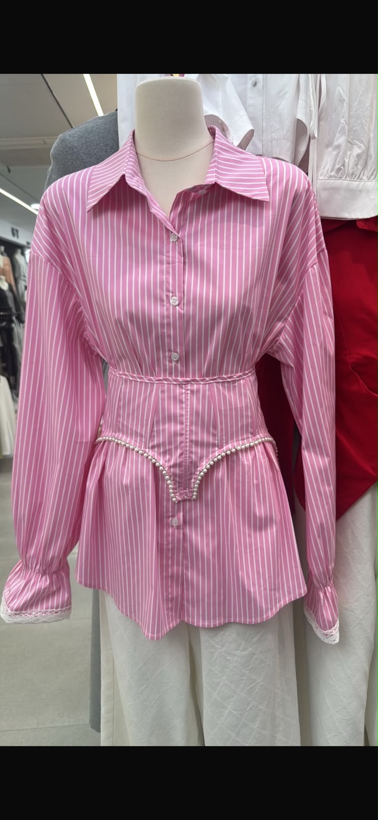 Pink Striped Corset-Style Button-Up Shirt.