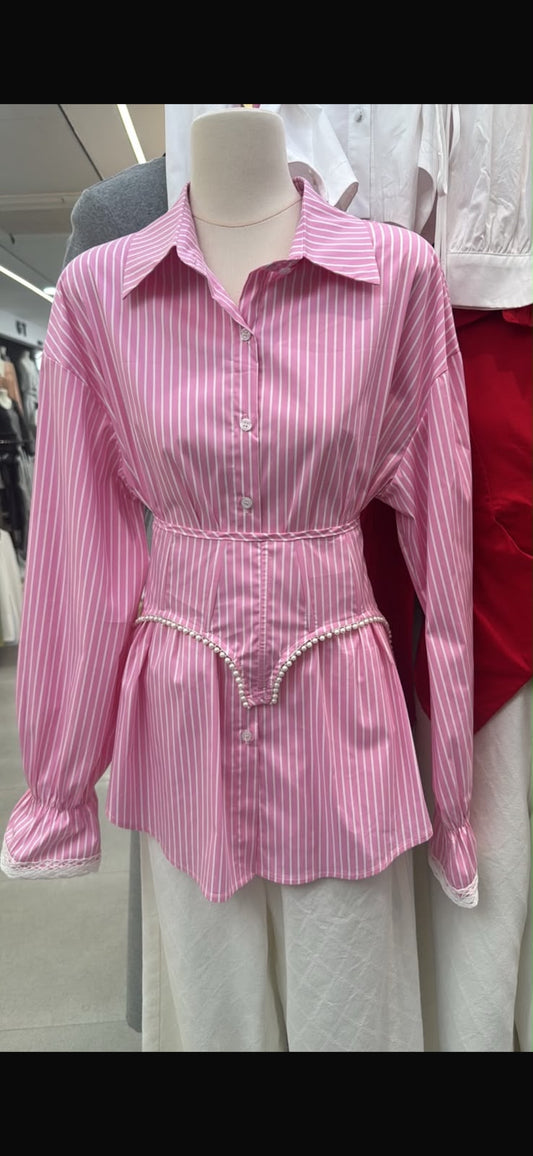 Pink Striped Corset-Style Button-Up Shirt.
