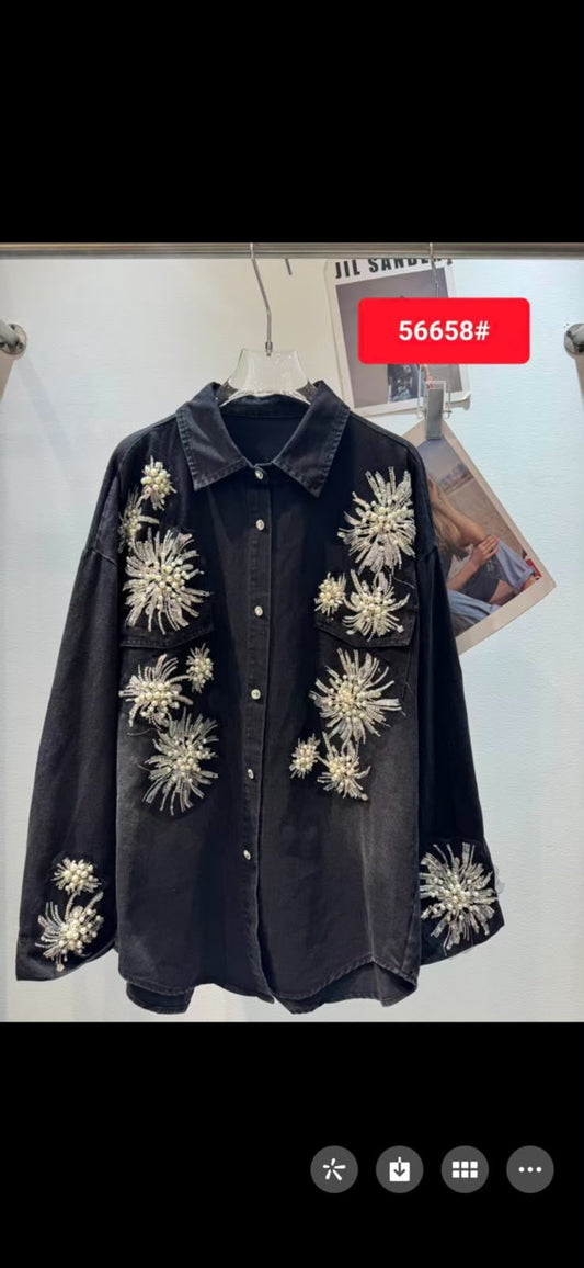 Embellished Distress Denim Shirt.