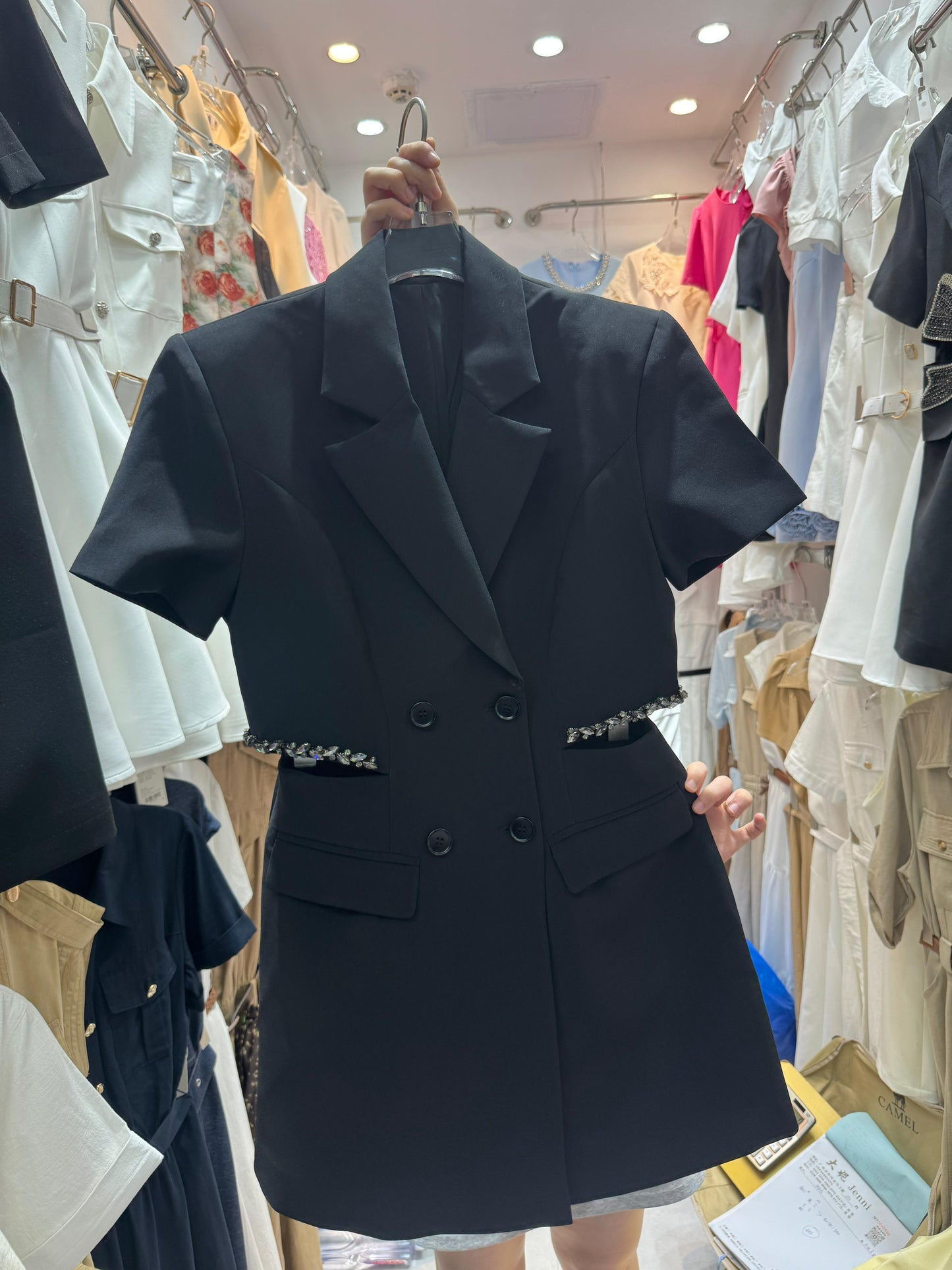 WOMEN’S BLAZER DRESS WITH RHINESTONE TRIM